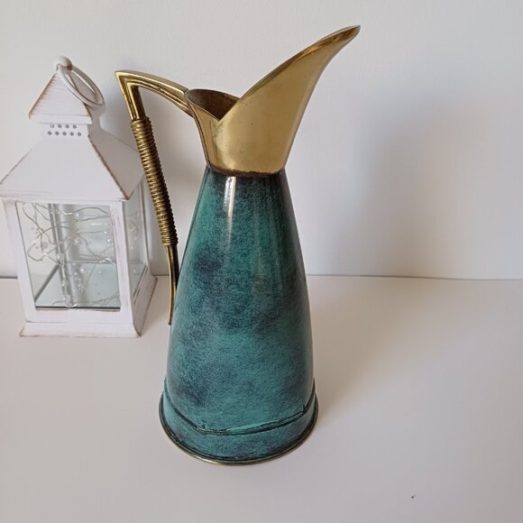 Vintage Oppenheim Turquoise Enamel & Solid Brass Pitcher Jug Made in Israel 11'' - Picture 2 of 11